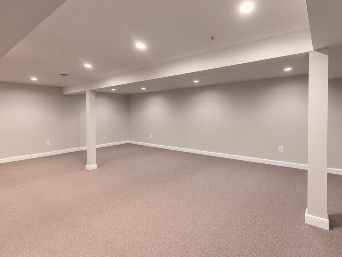 Finished basement with light gray painted walls