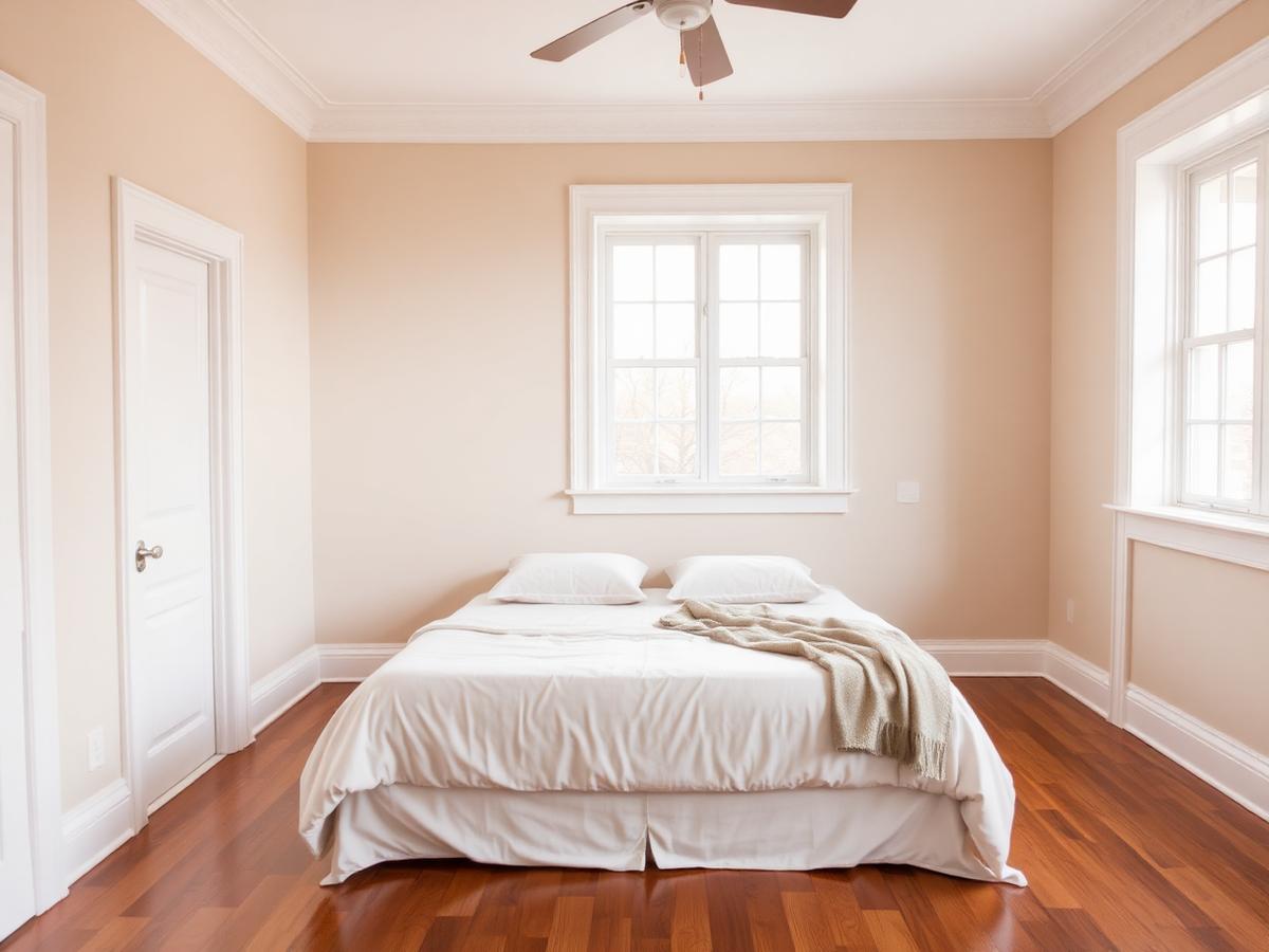 Bedroom with fresh beige paint and white trim
