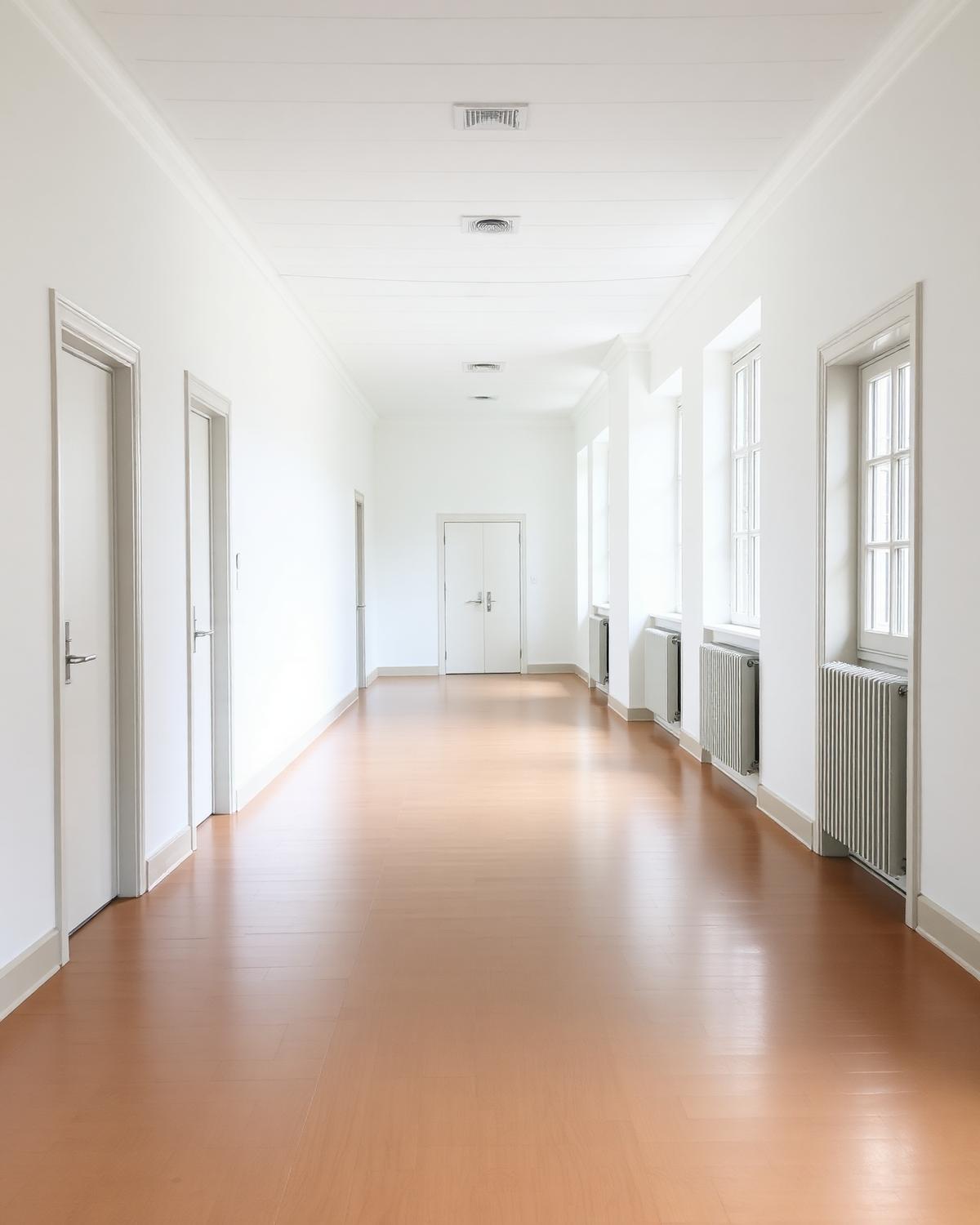 Bright hallway with freshly painted white walls