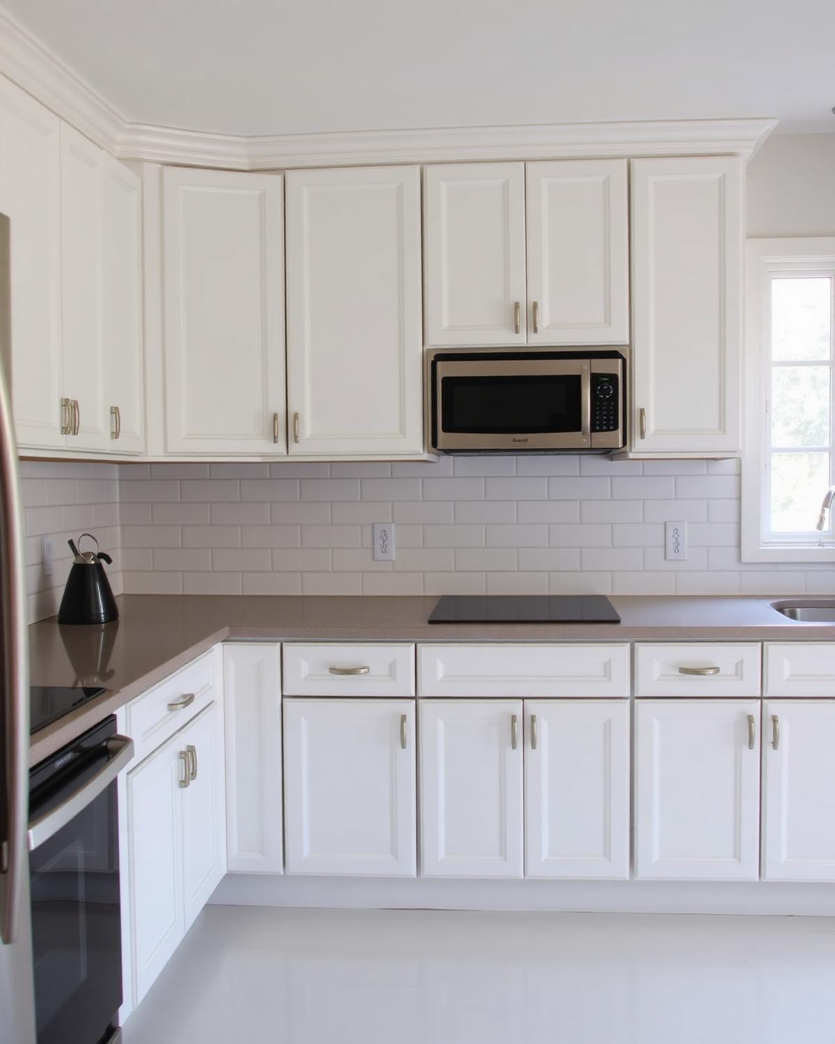 Kitchen with newly painted white cabinets