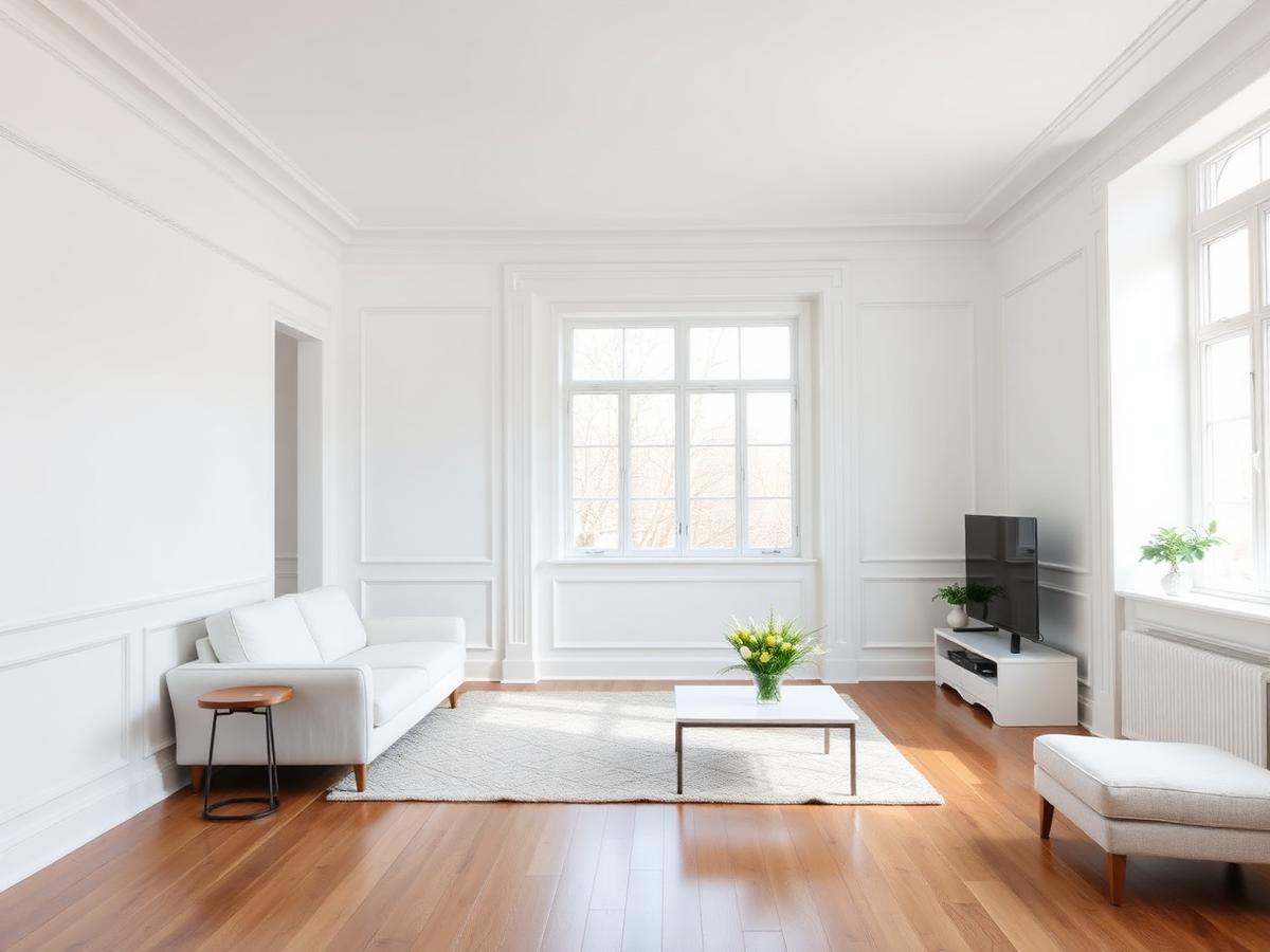 Freshly painted white living room with crown molding