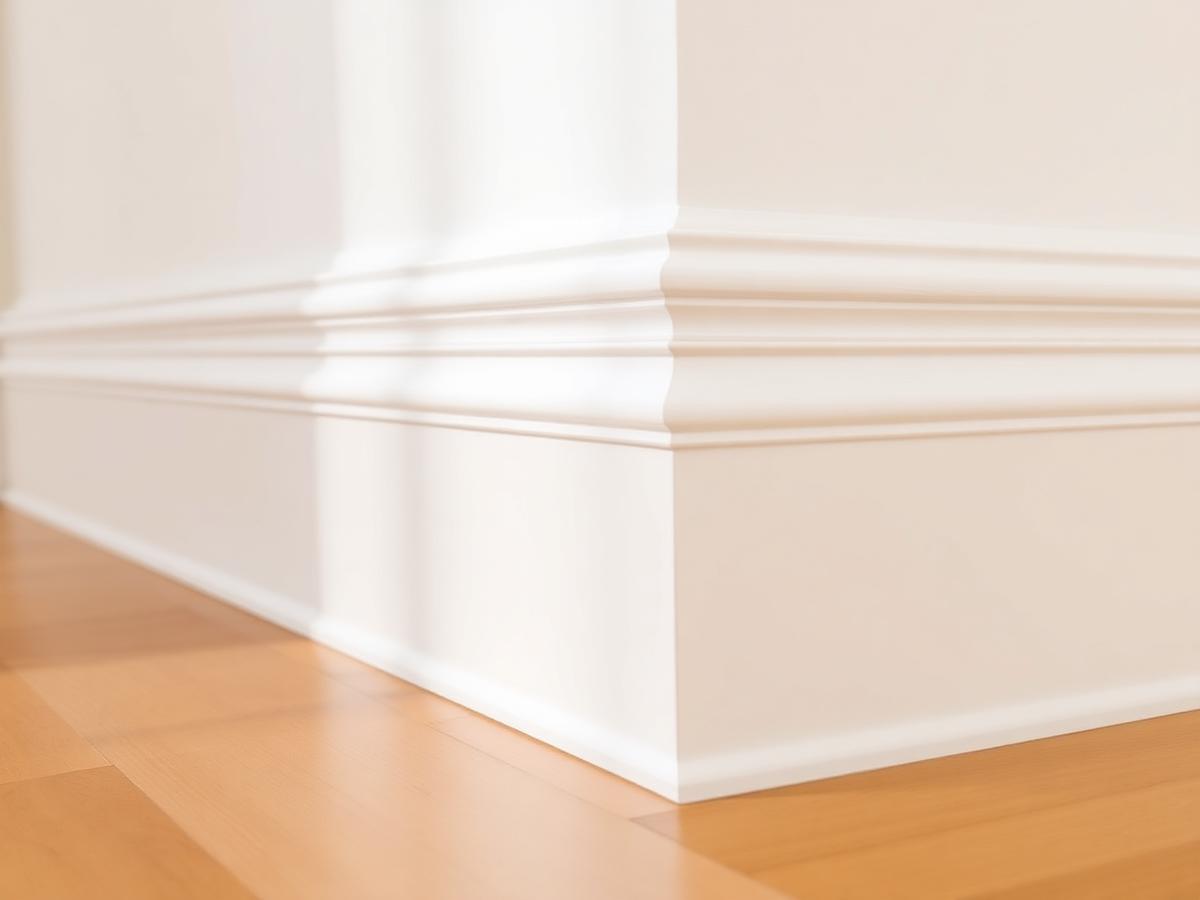 White baseboard trim detail with hardwood floors